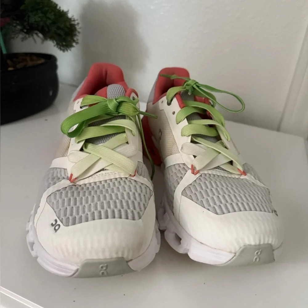 On Running Women's Athletic Shoes in White and Coral with Green Laces - Picture 6 of 8